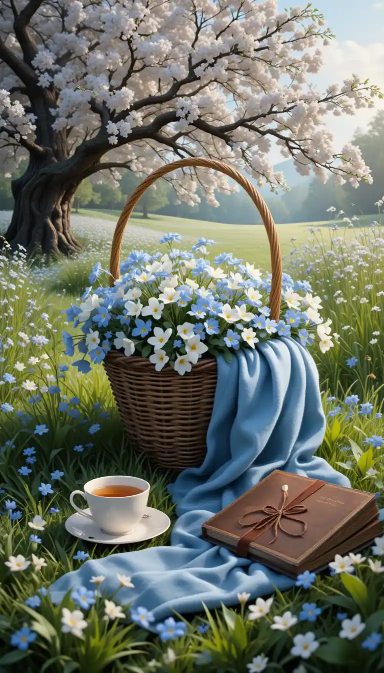 Basket Of Wildflowers In A Peaceful Meadow Picnic Scene