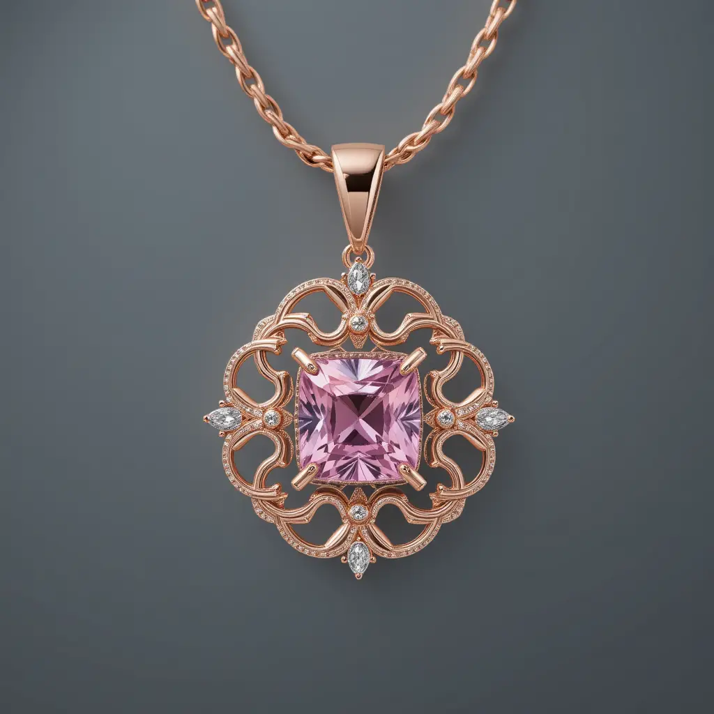 Rose gold necklace with pink gemstone square pendant