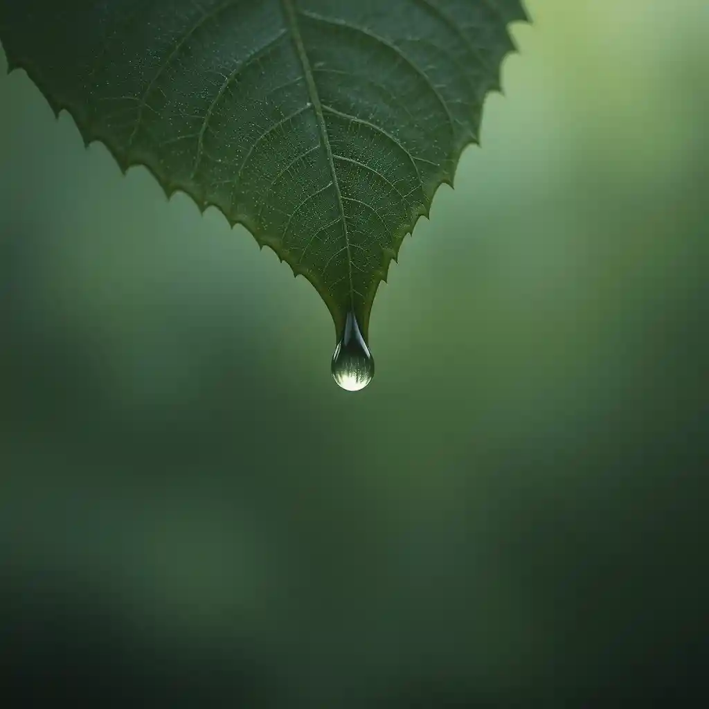 Droplet Leaving A Leaf In A Quiet Macro Close Up