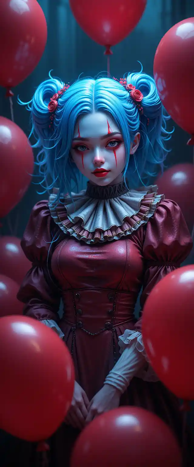 Creepy kawaii anime clown girl with red balloons