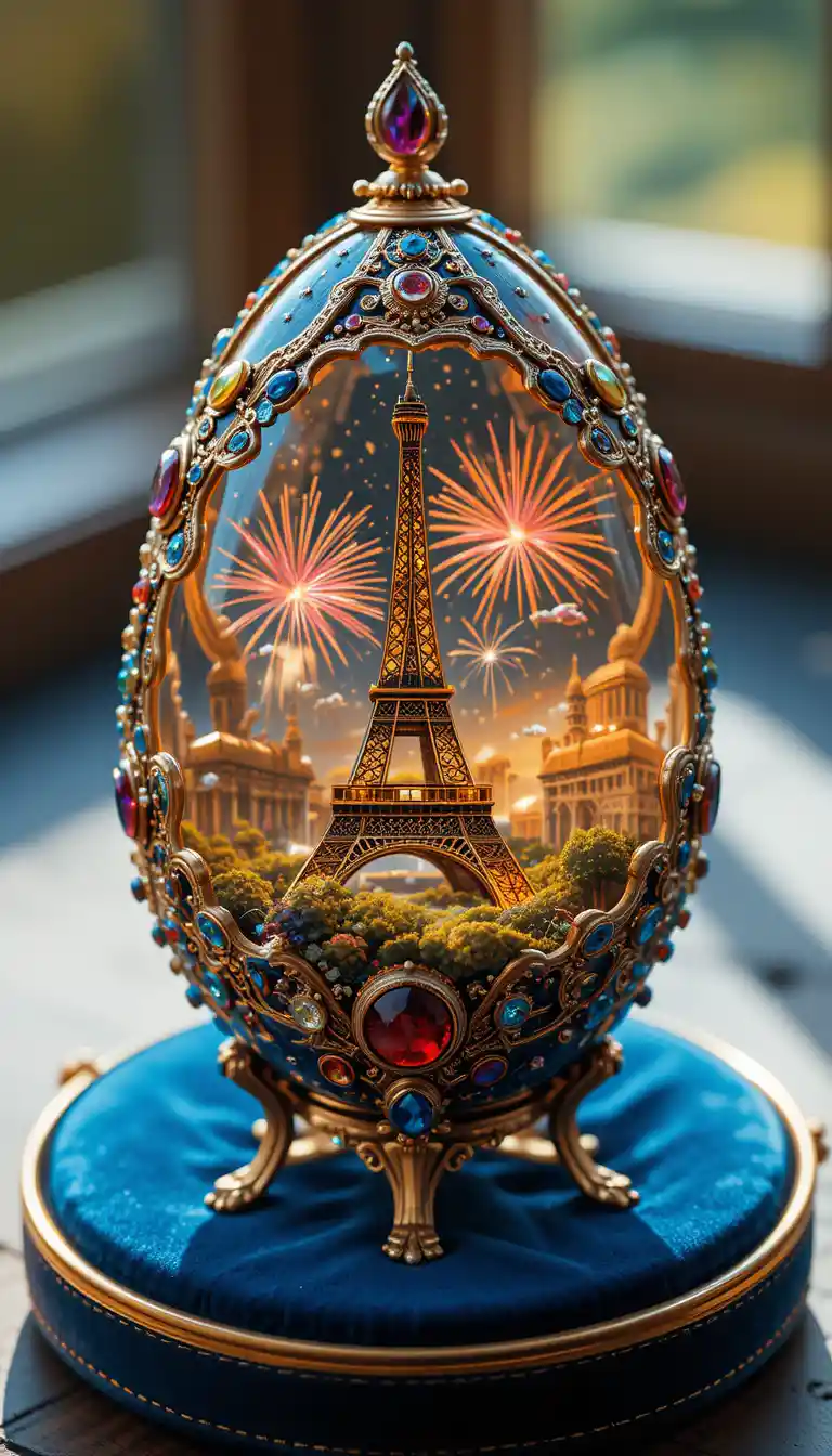 Macro jeweled egg with eiffel tower and fireworks