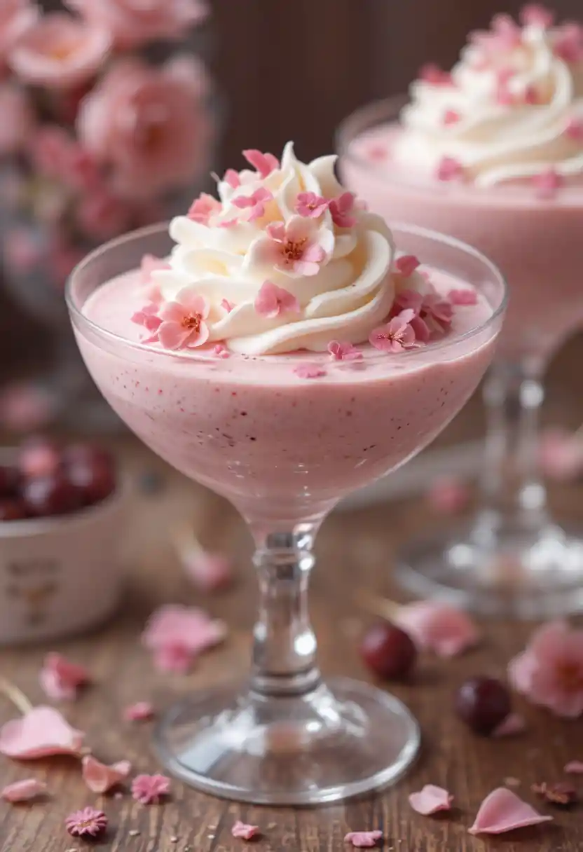 Elegant cherry blossom mousse in delicate glassware