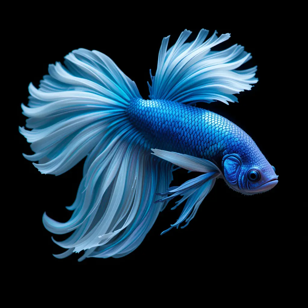 Elegant blue betta fish with flowing fins on black background