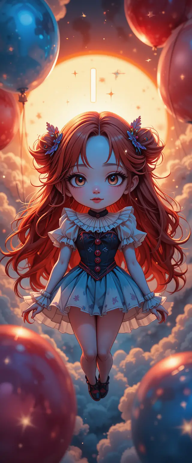 Cheerful anime clown girl floating against the glowing sky