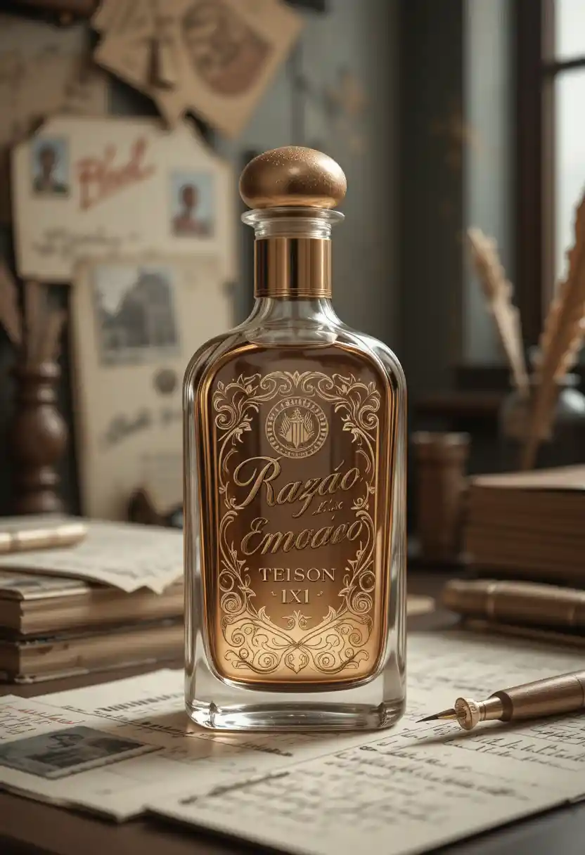 Vintage postcard perfume bottle on nostalgic writing desk