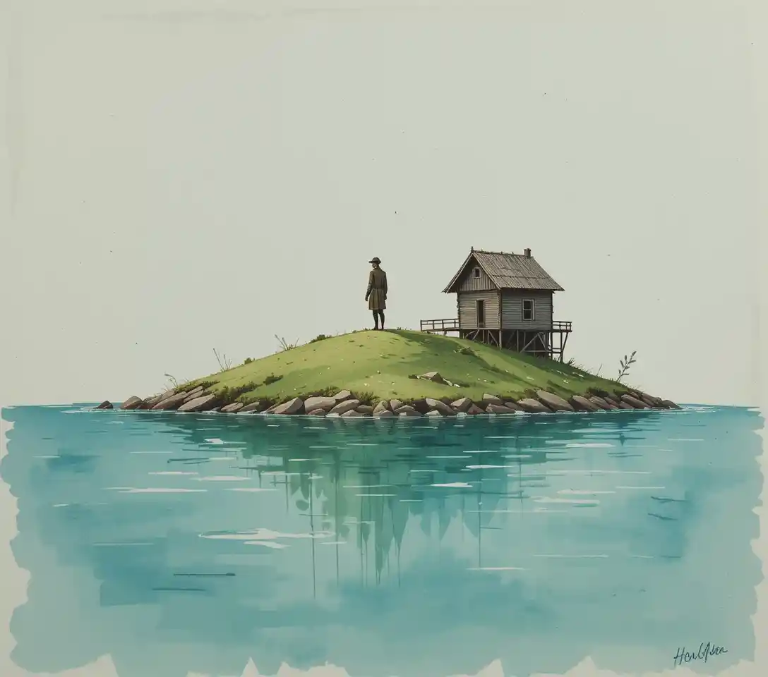 Castaway man on tiny green island with wooden hut