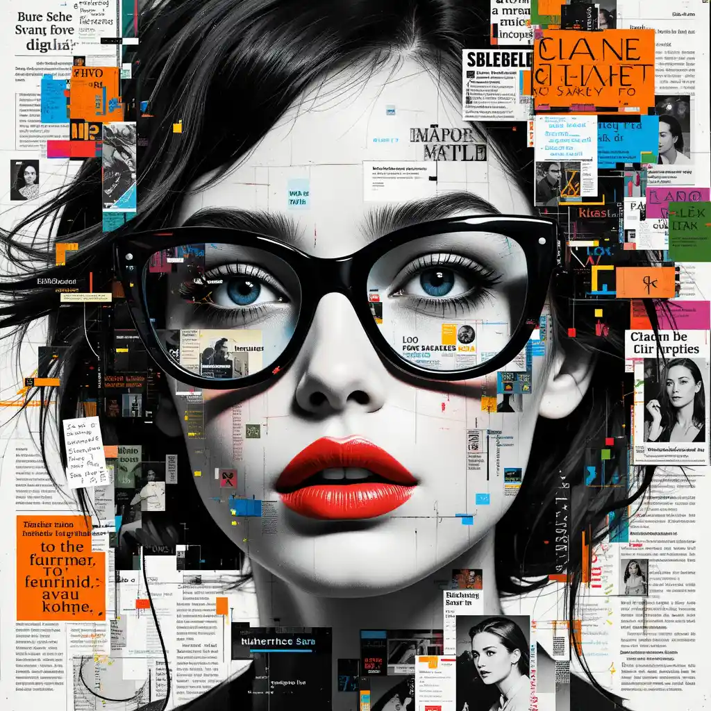 Surreal collage portrait of a woman with bold glasses
