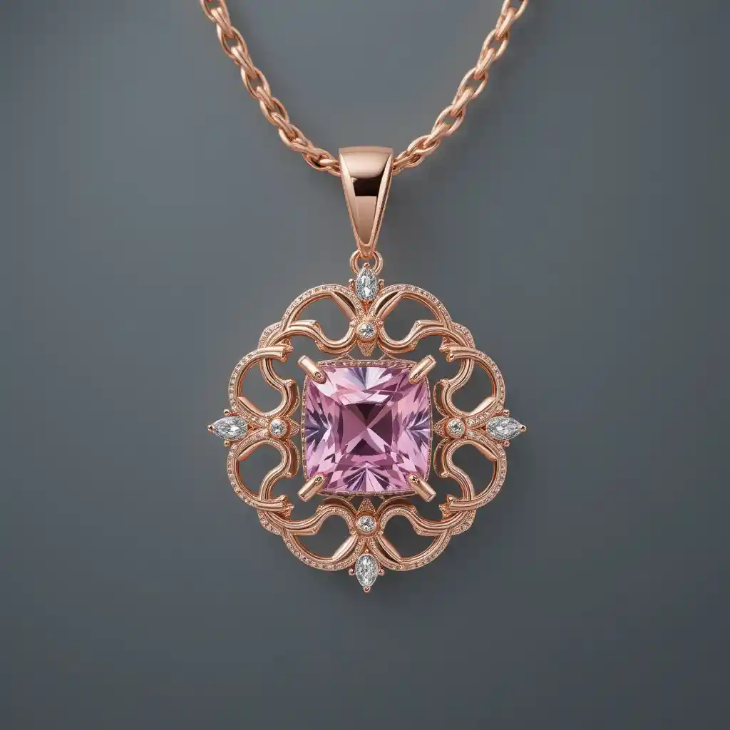 Rose gold necklace with pink gemstone square pendant