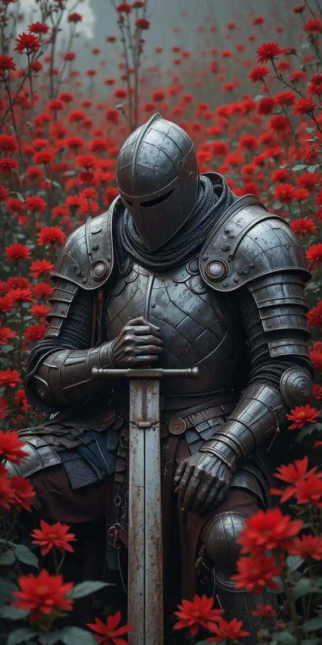 Sad knight resting in armor amid red flowers