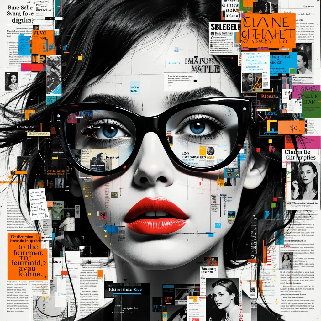 Surreal collage portrait of a woman with bold glasses