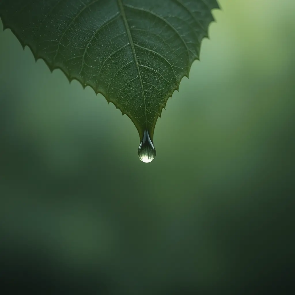 Droplet Leaving A Leaf In A Quiet Macro Close Up
