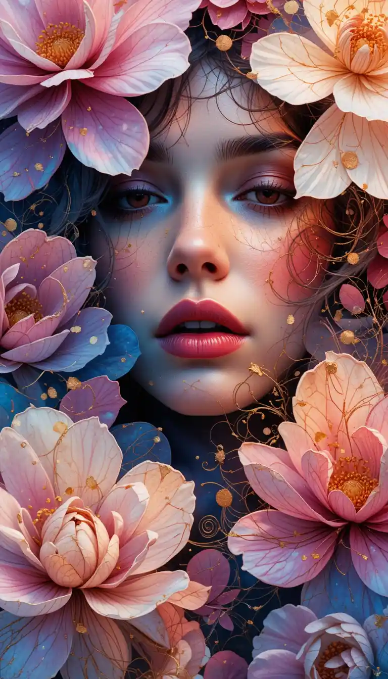 Expressive abstract portrait of a woman with camellia flowers