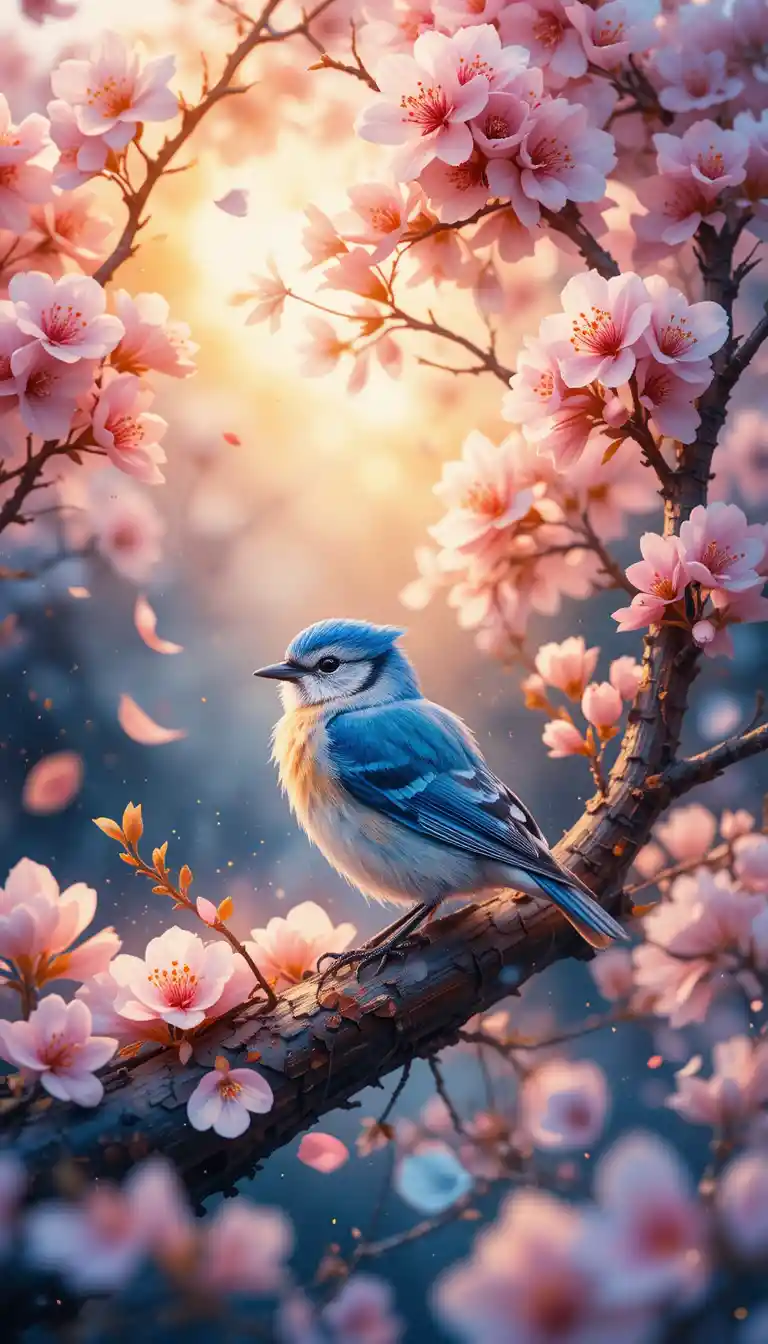 Blue jay resting in a dreamy watercolor blossom tree
