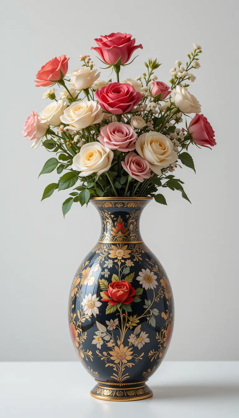 Elegant vase with roses on clean white background