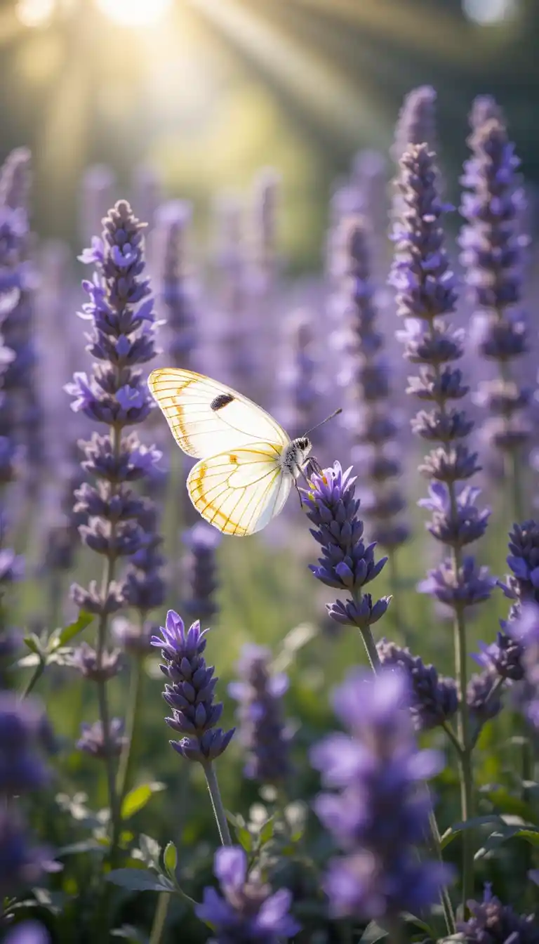 White butterfly resting on lavender flowers in sunlight