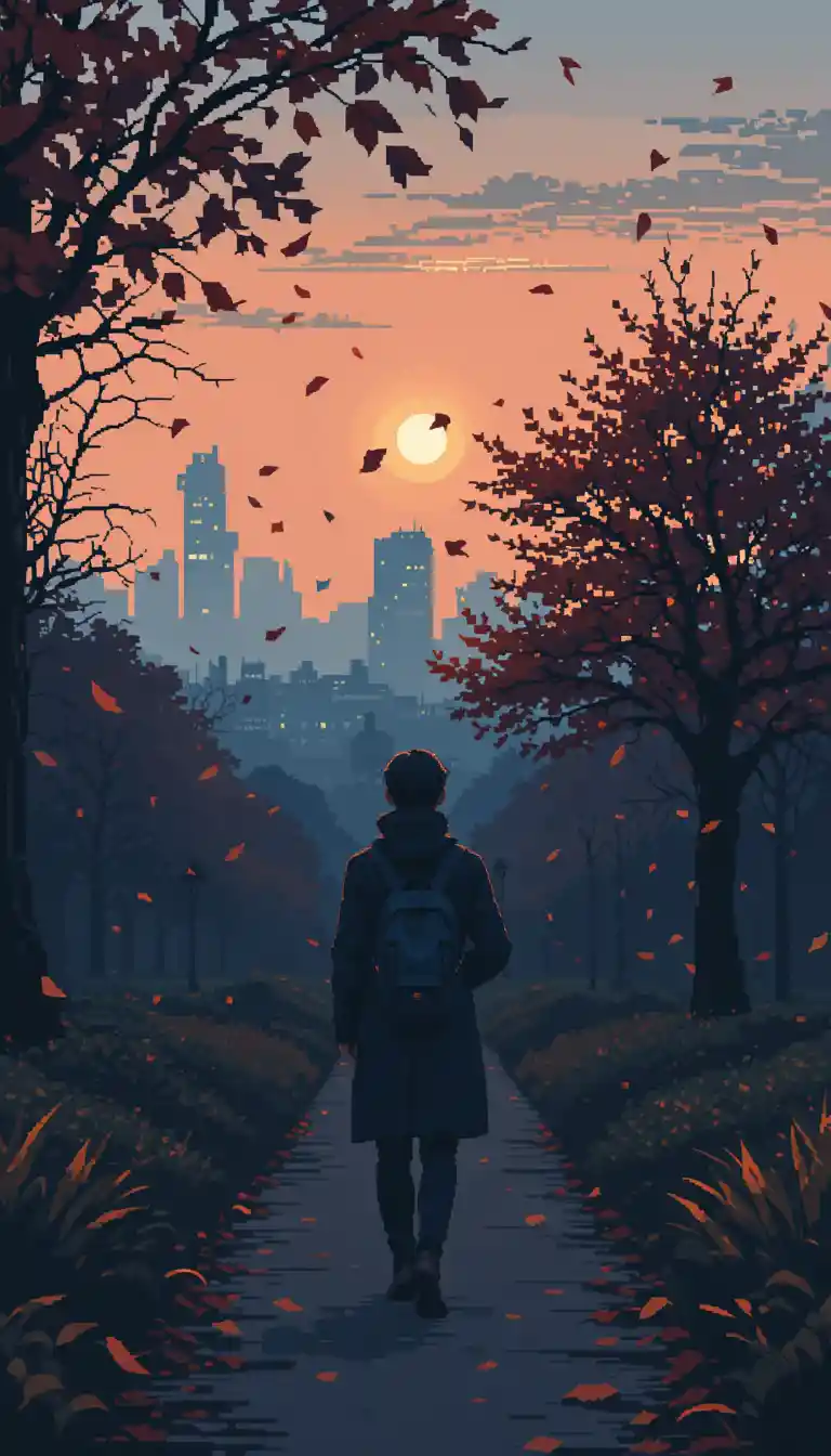 Person walking through an autumn park in pixel art