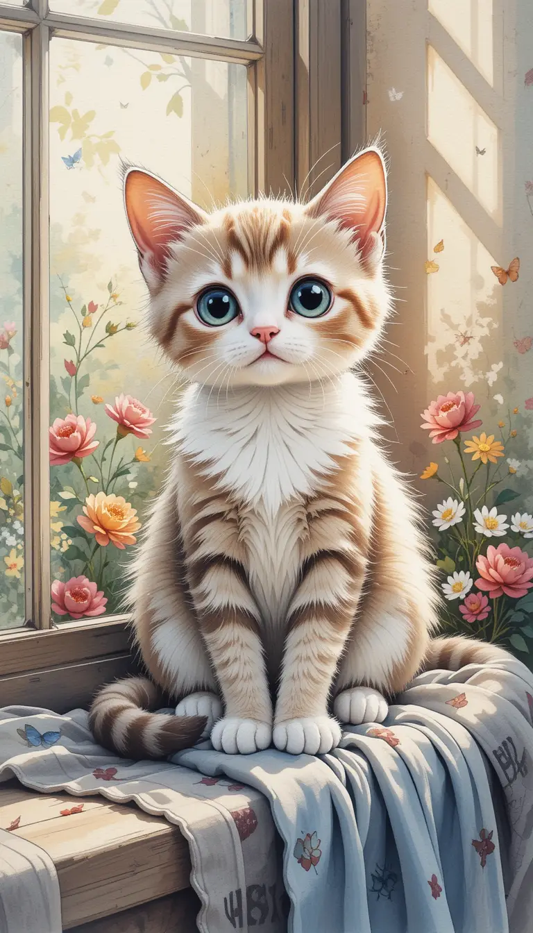 Cute cat on a sunlit windowsill with flowers