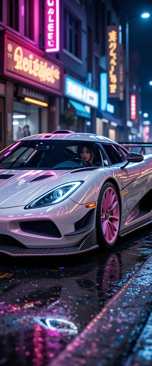 Pearl White Hypercar On Neon Lit Cyberpunk Street