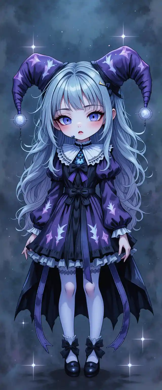 Melancholic anime clown girl in gothic ink illustration