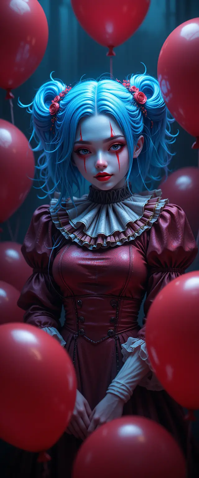 Creepy kawaii anime clown girl with red balloons