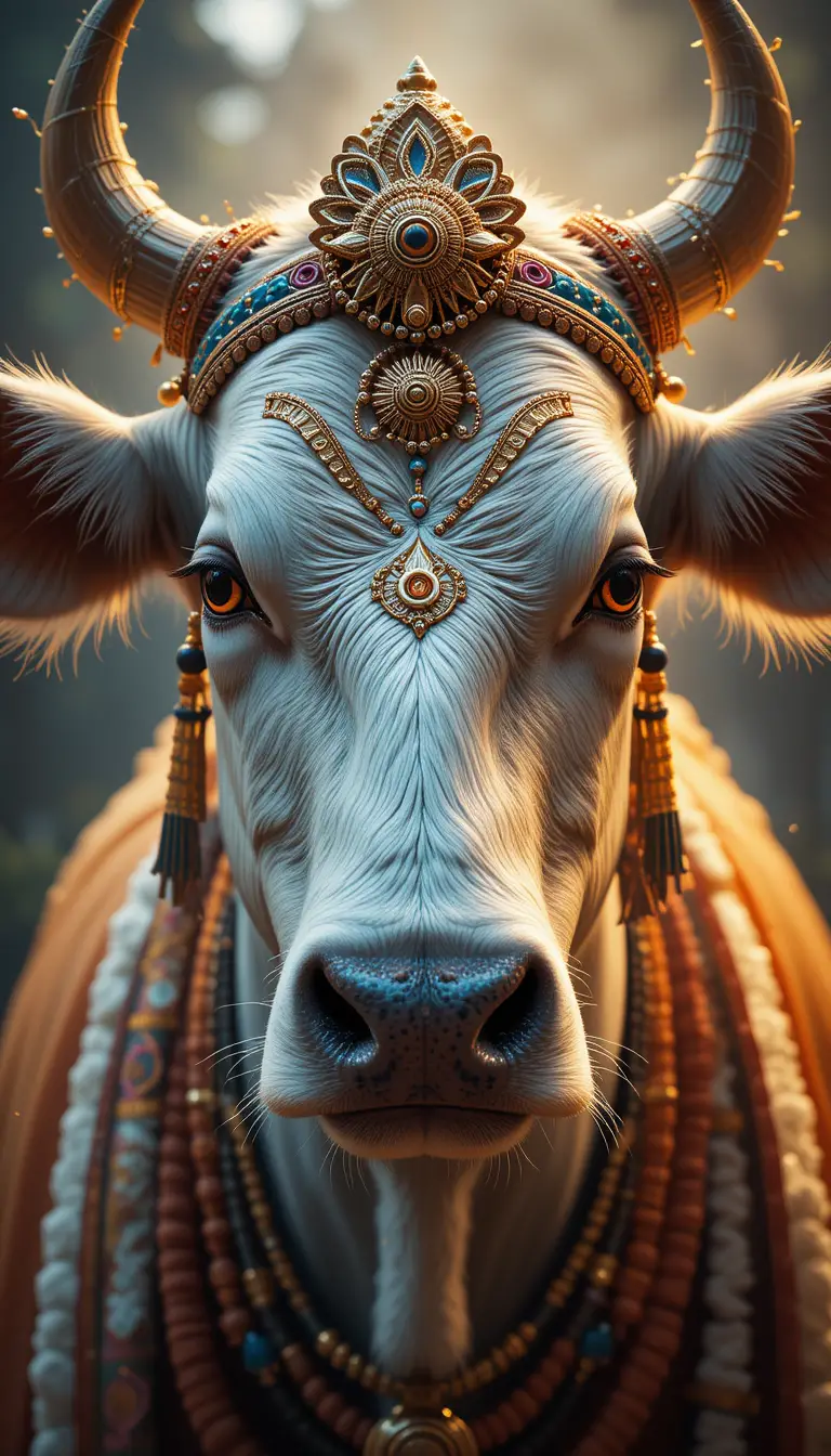 Sacred Indian cow with gentle eyes in spiritual glow