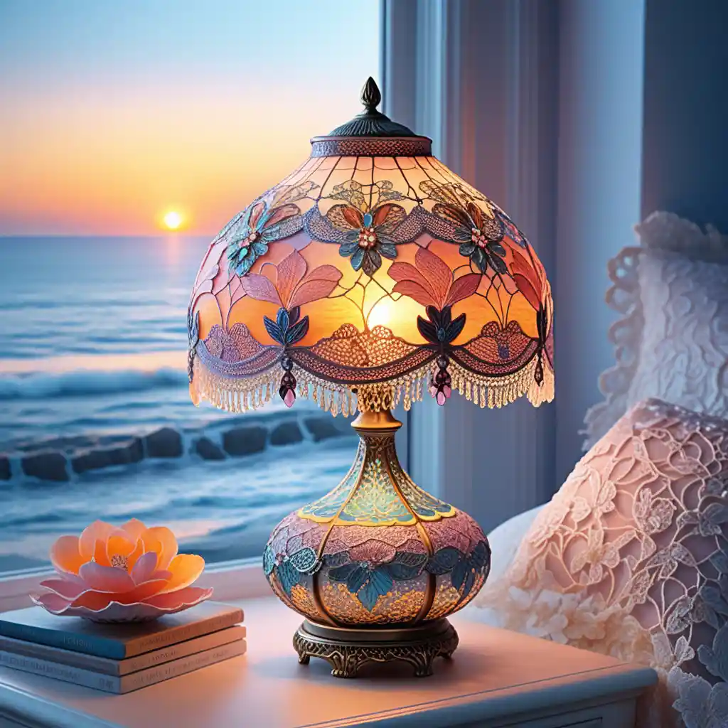 Lace lamp glowing with ocean sunset in snow