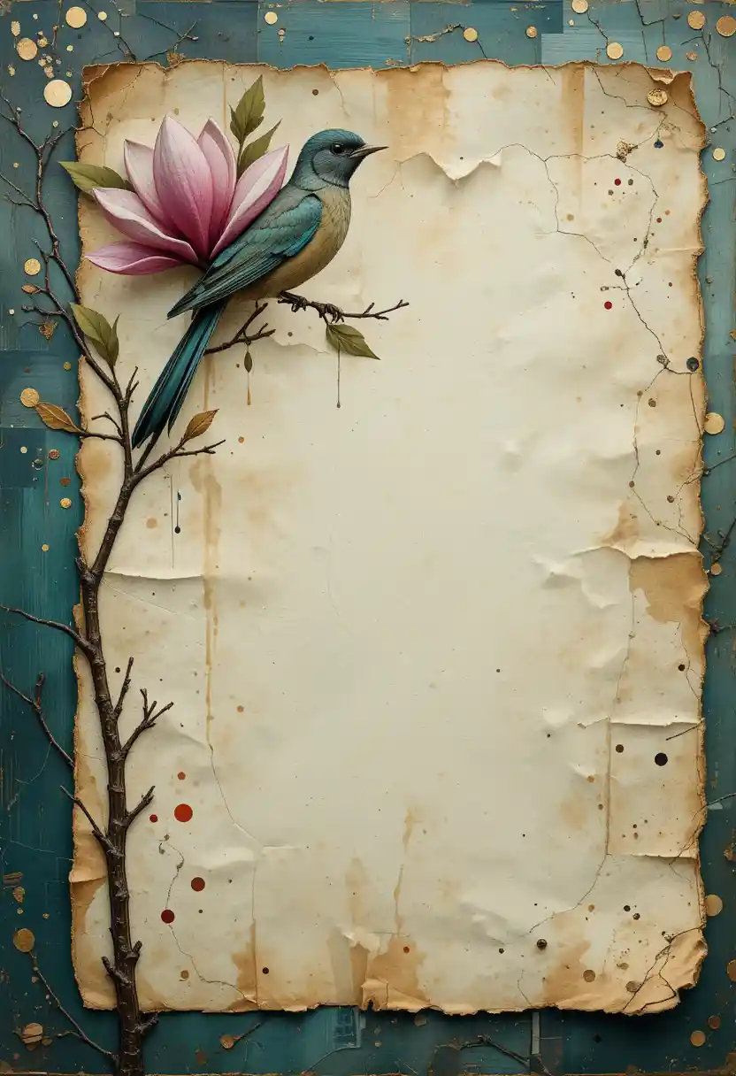 Bird on magnolia branch over vintage paper background