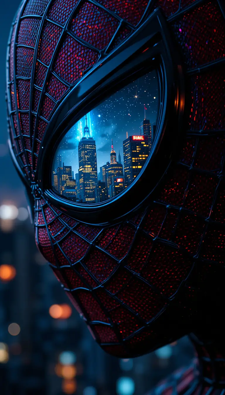 Close up of masked hero watching the glowing city
