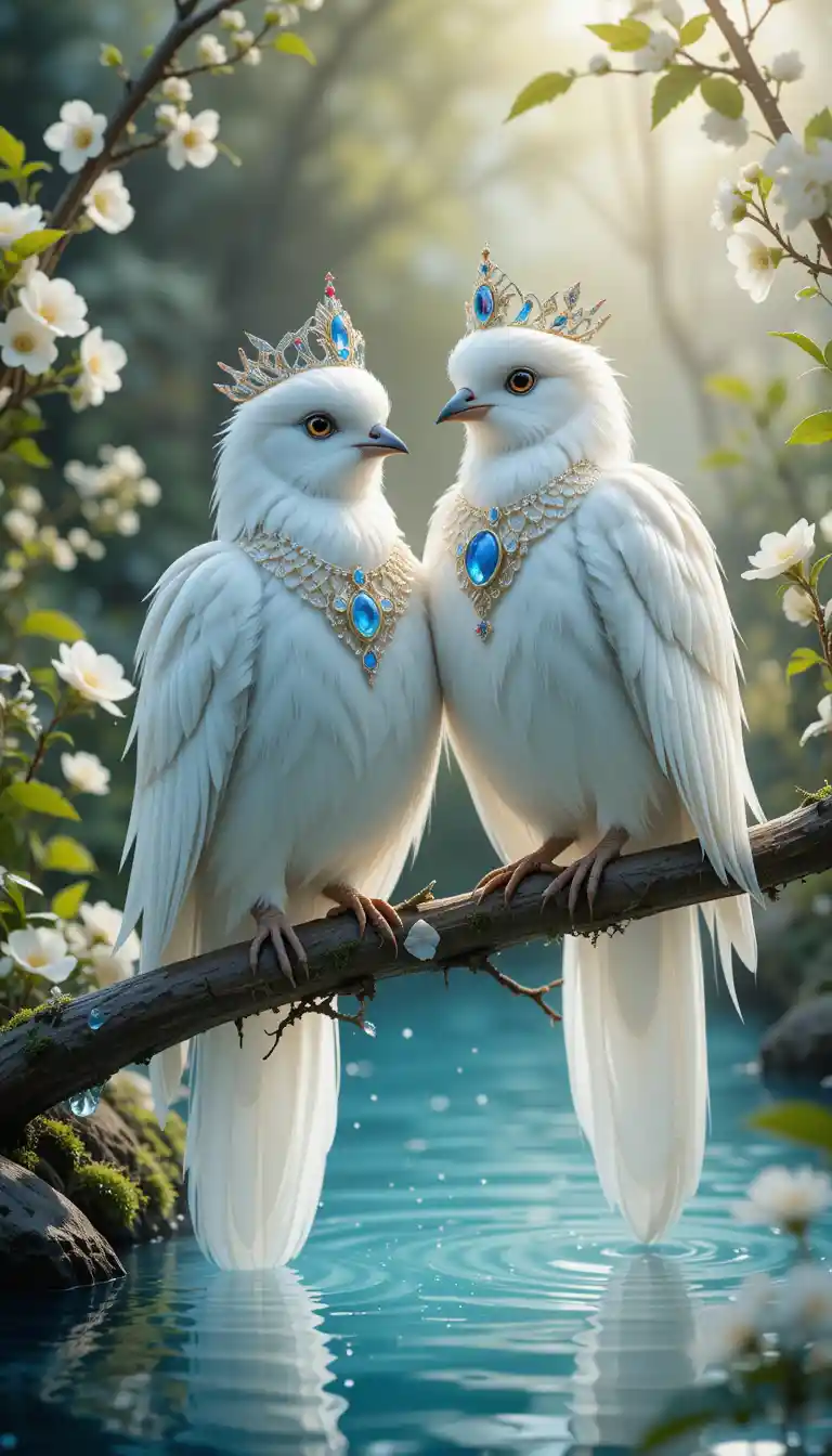 Royal white birds over a tranquil blue forest pond