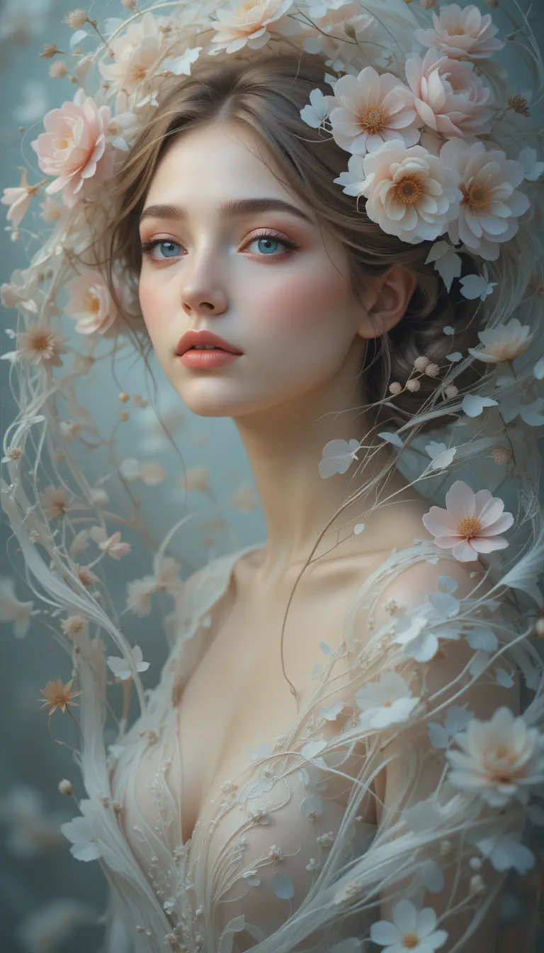 Ethereal woman portrait with soft florals and gentle glow