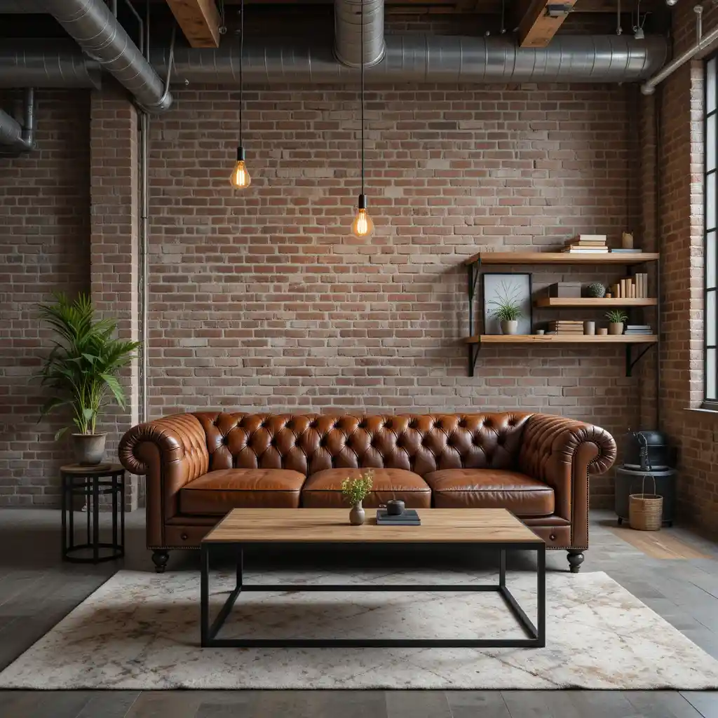 Industrial loft living room with leather sofa and metal accents