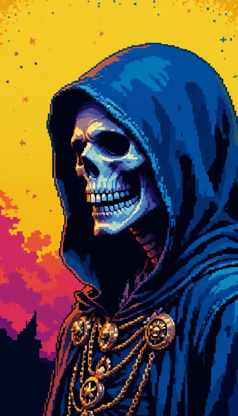 Pixel art grim reaper with hooded skull at night