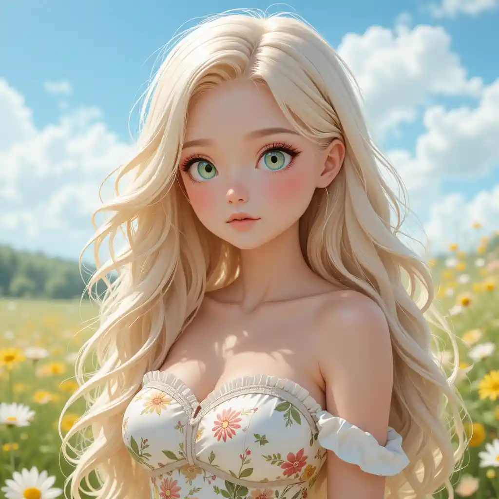 Anime girl in white floral dress in sunny meadow