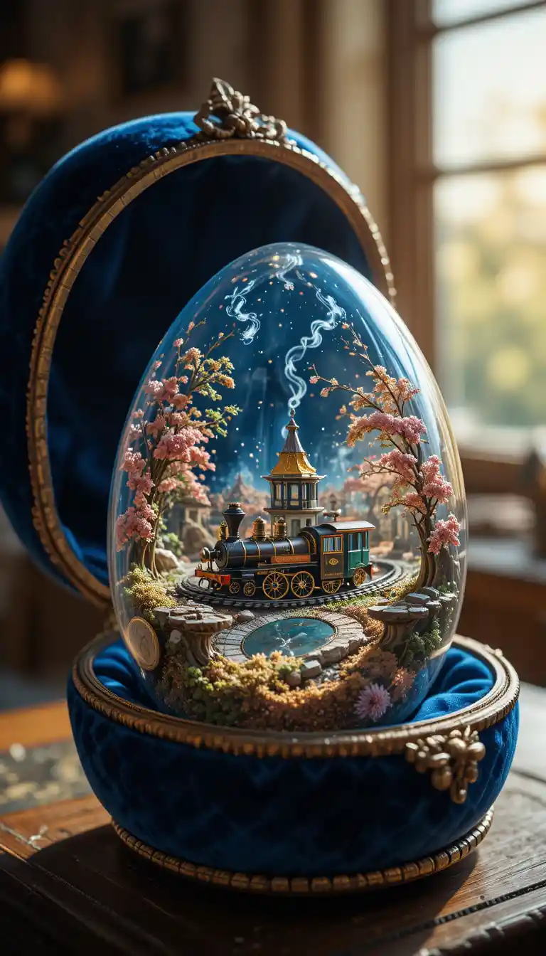 Macro shot of a decorative egg with tiny steam train