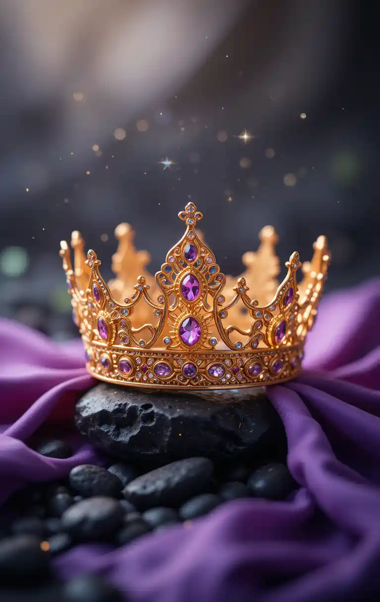Golden jeweled crown resting on purple silk and rocks