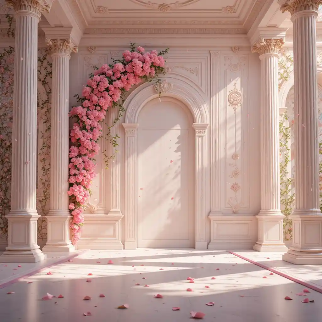 Romantic archway with flowers in soft pastel sunlight