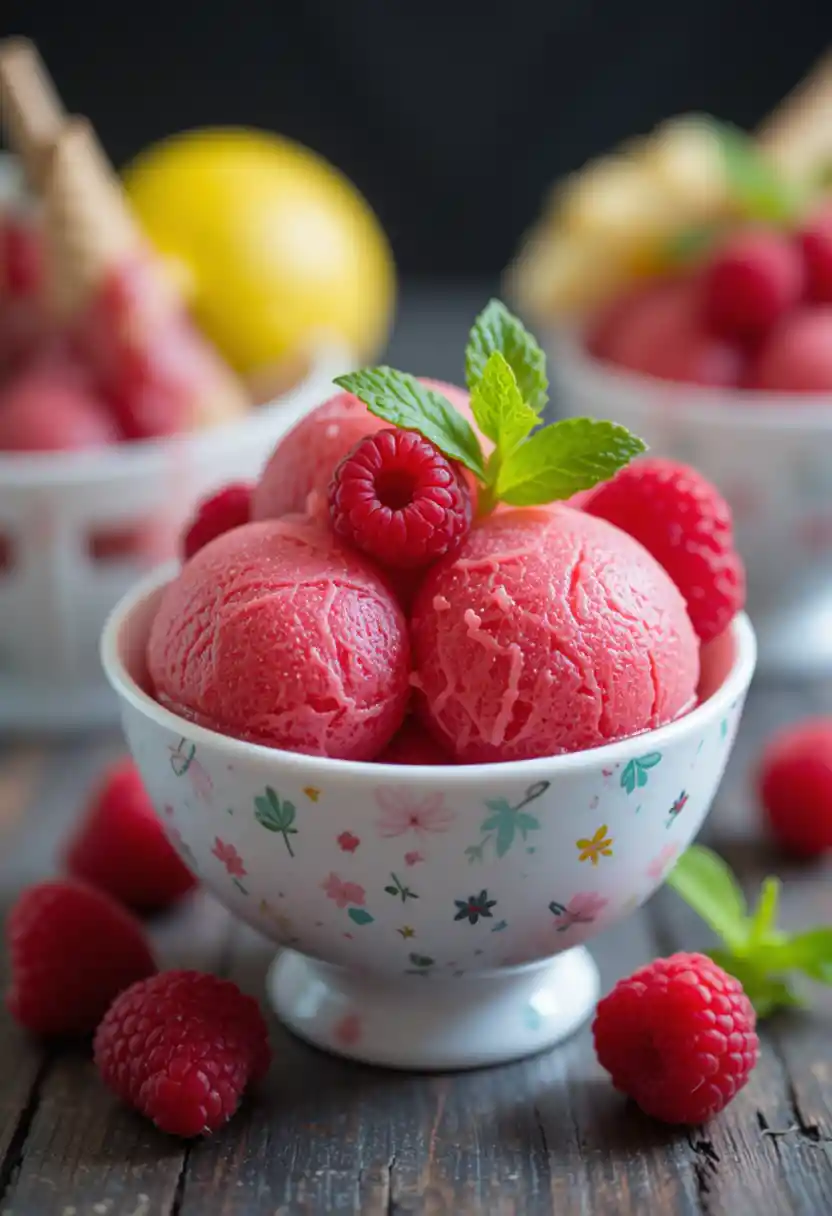 Raspberry lemonade sorbet with fresh raspberries and mint