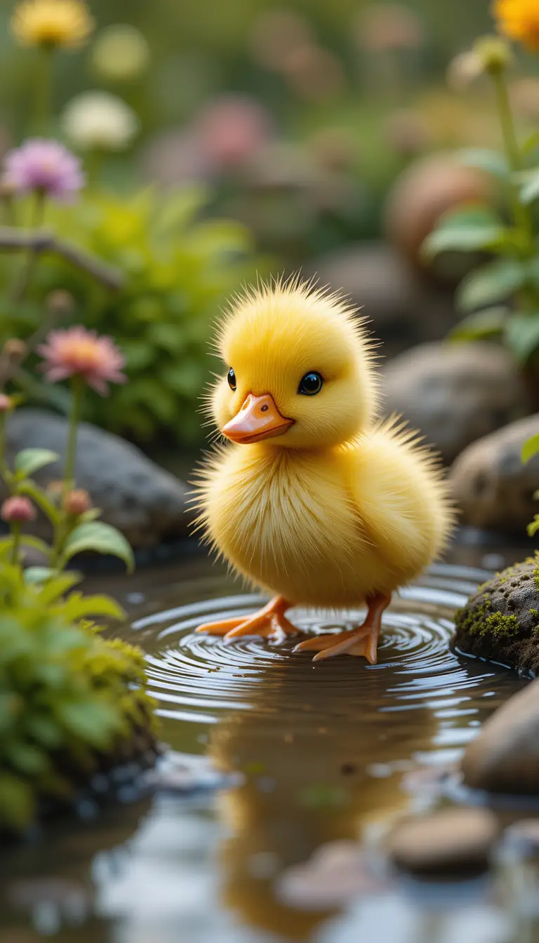 Cute yellow duck stepping in a tiny garden pond