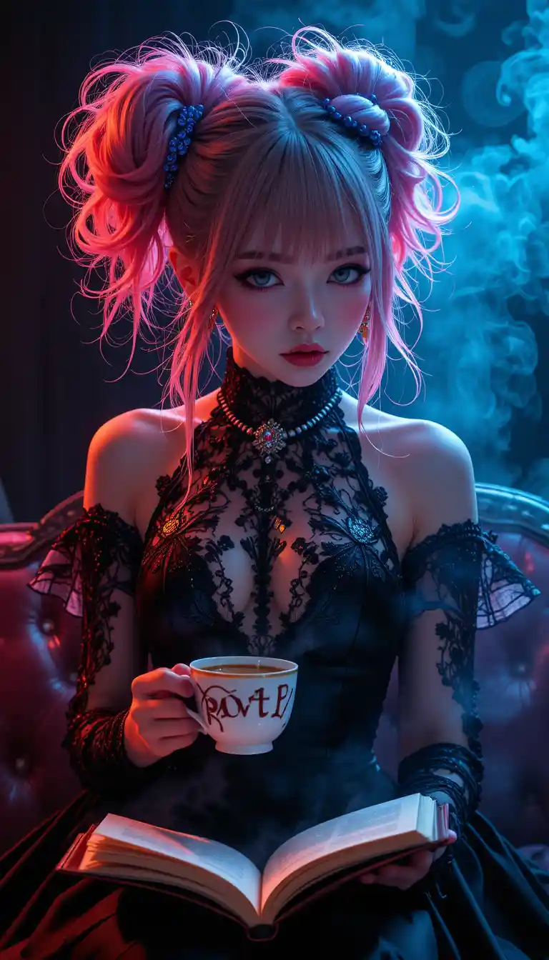 Anime punk girl with colorful hair drinking morning coffee