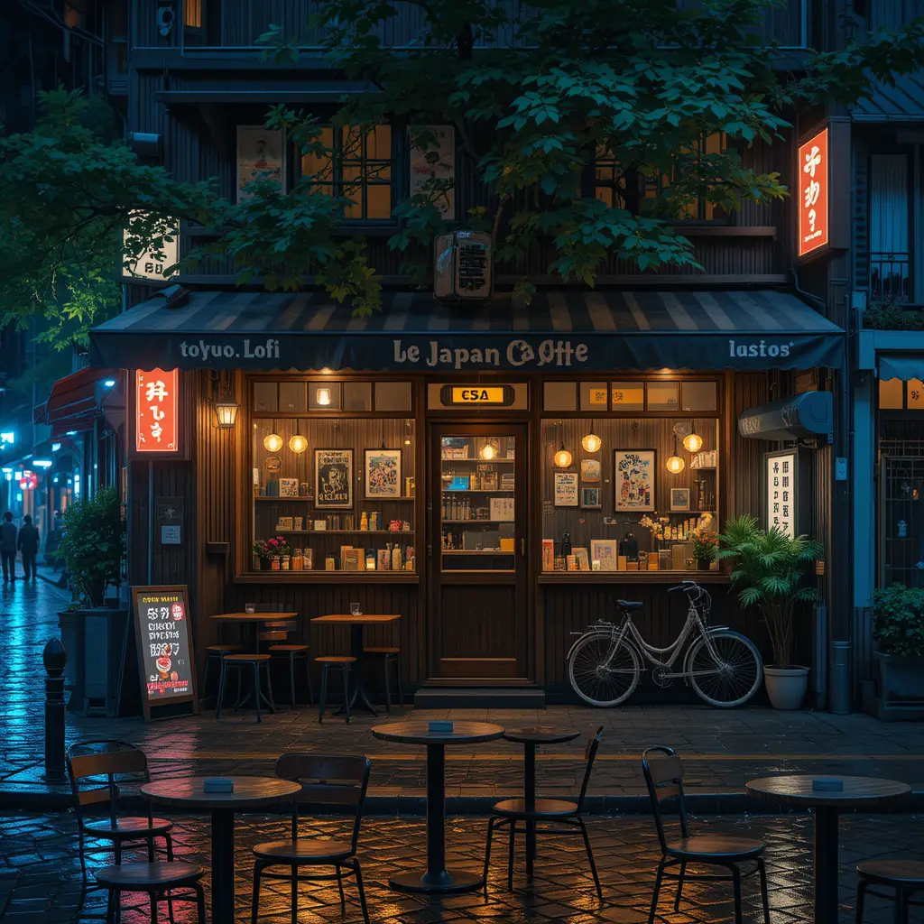 Cozy Anime Street Cafe At Night In Gentle Rain