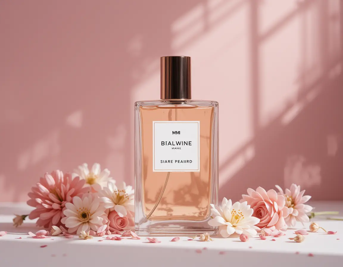 Frasco de perfume bege sobre mesa branca com fundo de estúdio suave