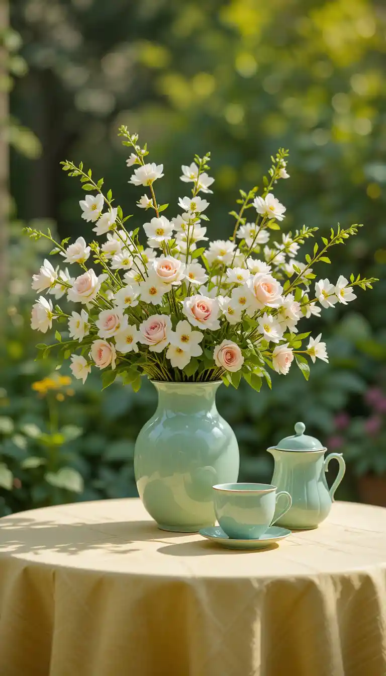 Spring tea set with flowers on outdoor table