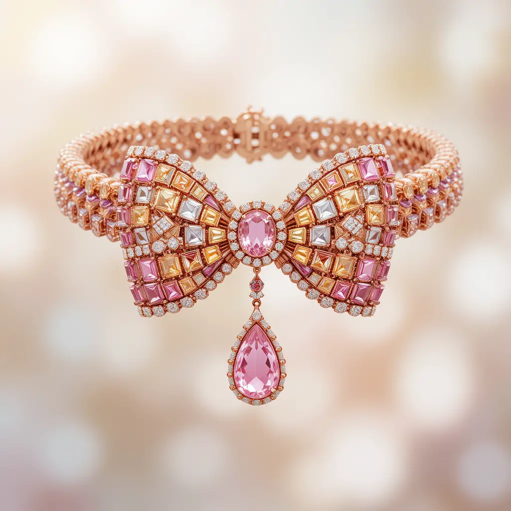 Luxurious Bow Necklace With Pink Gemstone And Diamonds