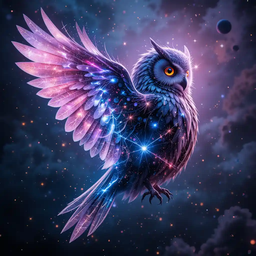 Surreal Owl With Galactic Storm Wings In Outer Space
