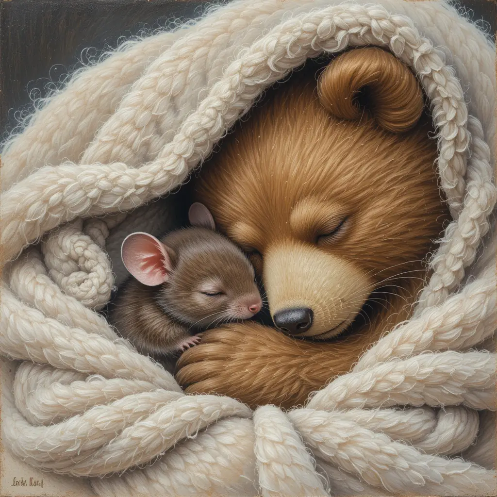Sweet little mouse sleeping on a brown bear