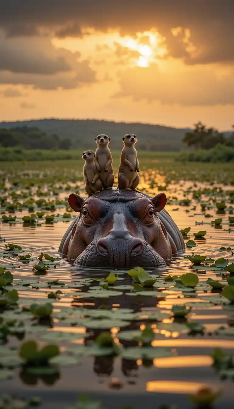 Hippopotamus In Calm River At Sunset With Meerkats