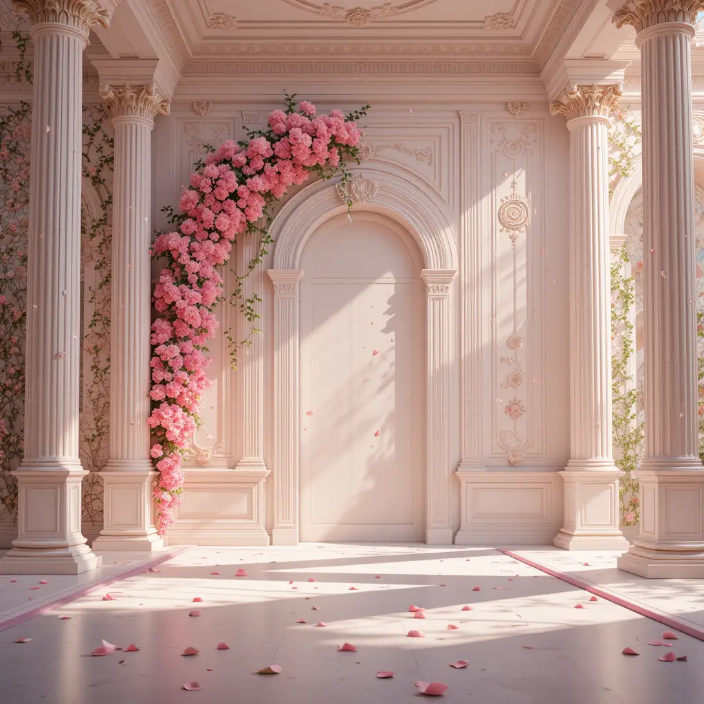 Romantic archway with flowers in soft pastel sunlight
