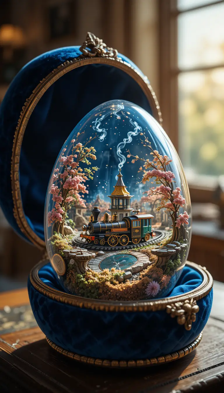 Macro shot of a decorative egg with tiny steam train