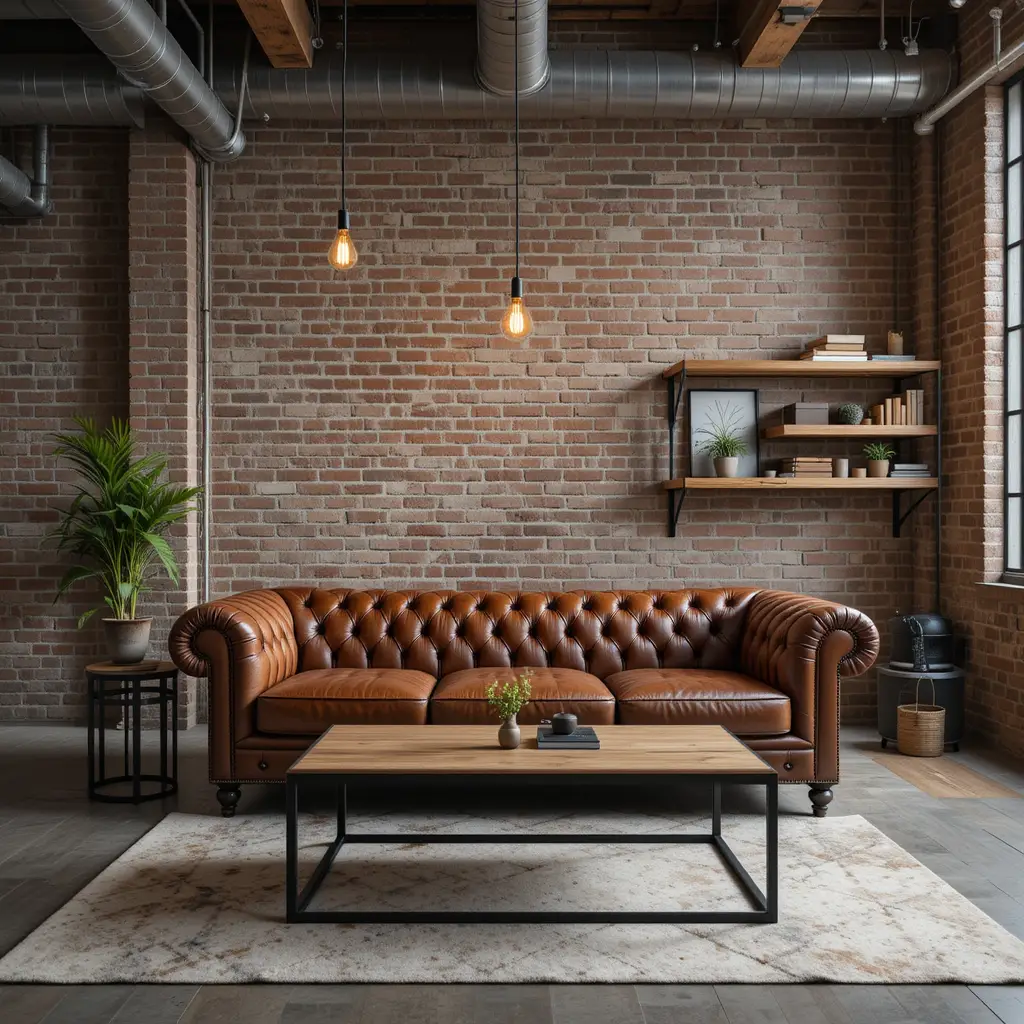 Industrial loft living room with leather sofa and metal accents
