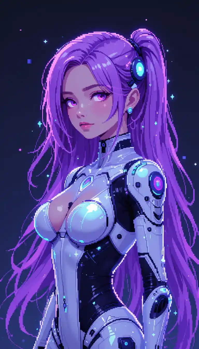 Neon haired android woman in retro pixel art style